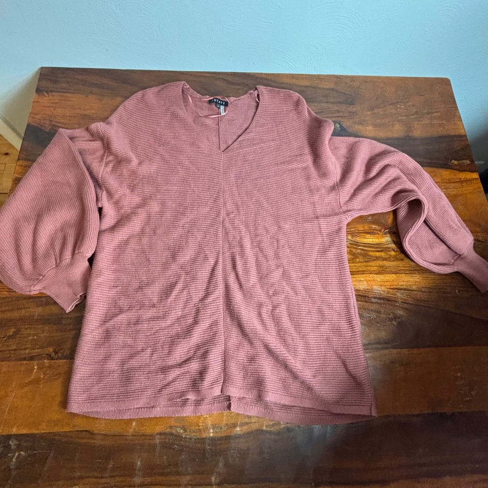 1.STATE Womens‎ Dusty Rose Ribbed V-Neck Balloon Sleeve Sweater Size Medium